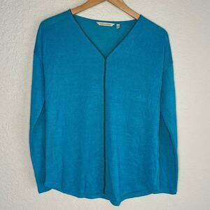 NEW Soft Surroundings Aqua Blue Long Sleeve Sweater Copper Rivets V Neck Rayon